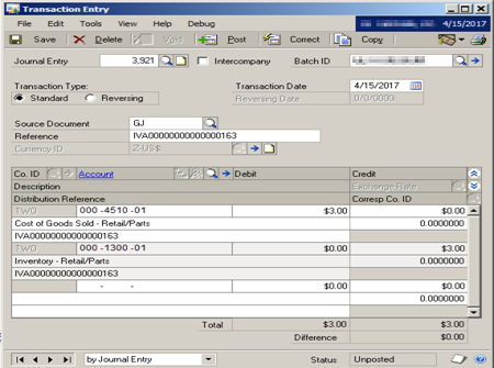 Screenshot of the Transaction Entry window for Inventory.